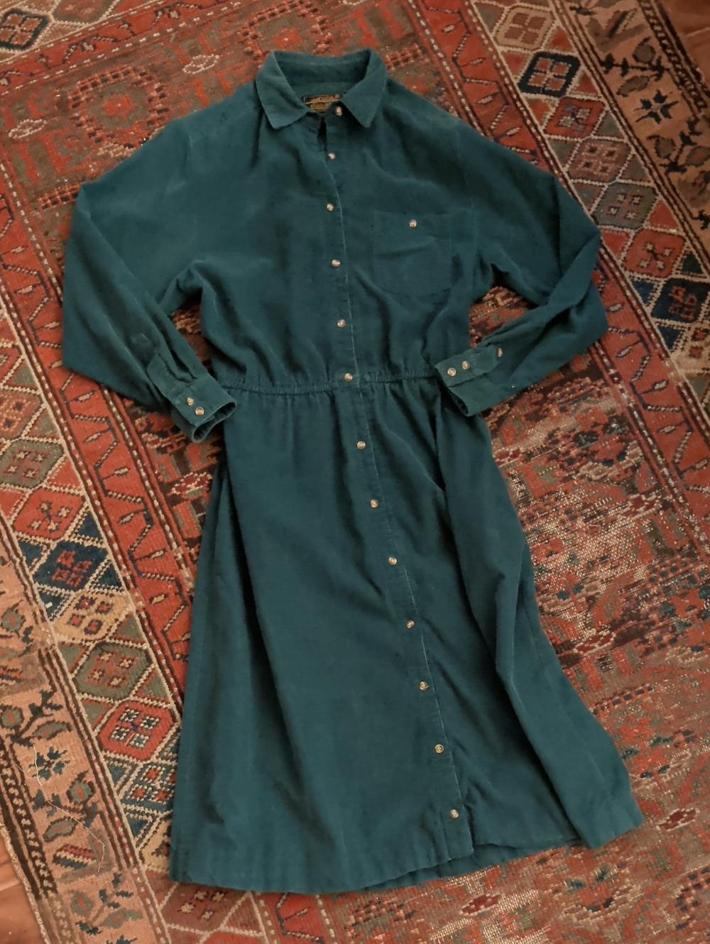 Eddie Bauer Teal Button-Front Long Sleeve Dress